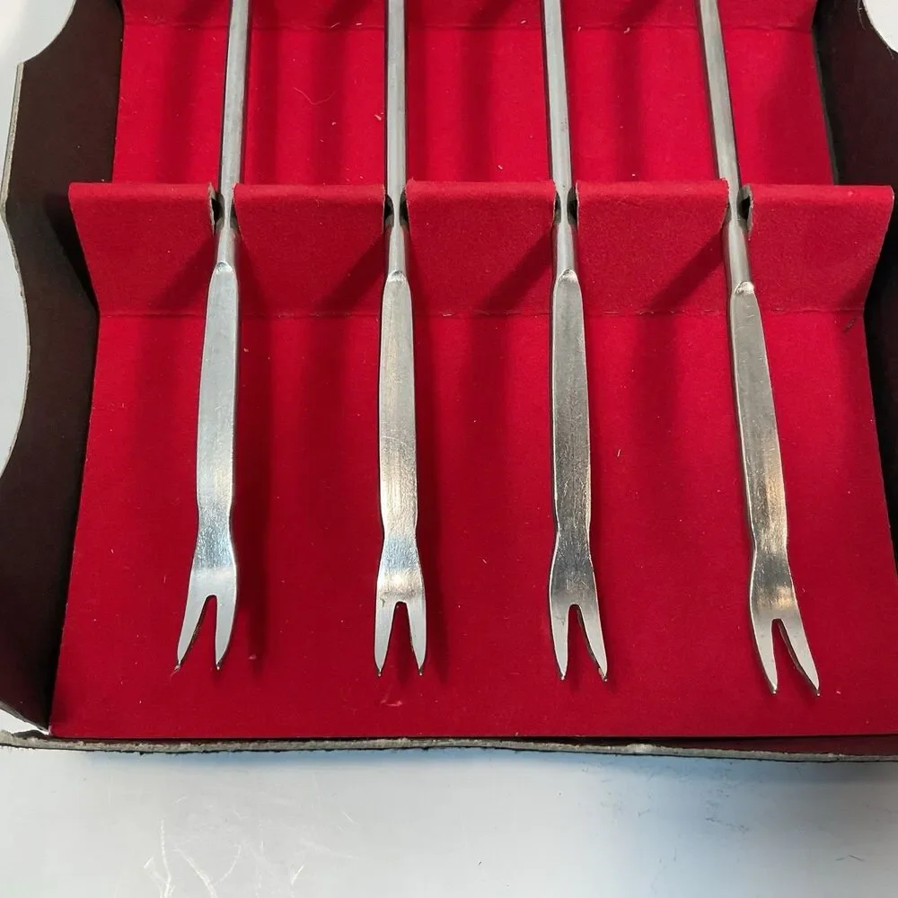 Ernest Sohn Fondue Forks Stainless Steel Teak Wood Set Of 4 MCM Mid Century NOS